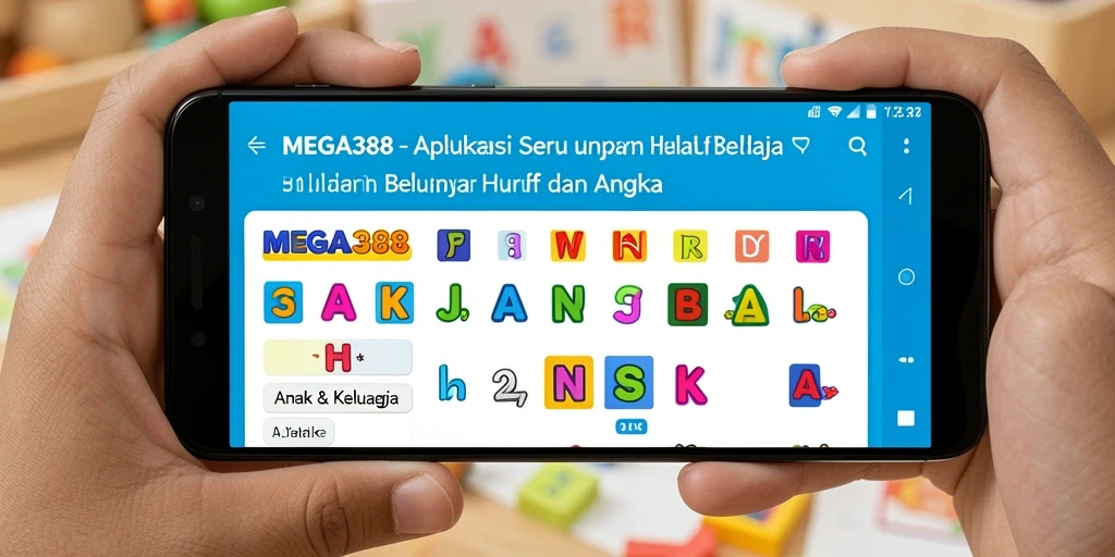 Antarmuka aplikasi MEGA388 yang ceria untuk belajar huruf dan angka.